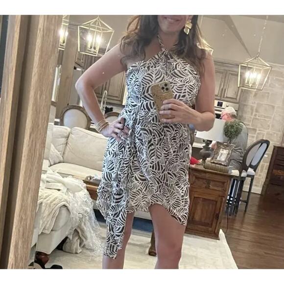 Toccin Brown White Chiffon Mini Dress Size 2 Vacation Halter Smock Designer $445 - Picture 10 of 15